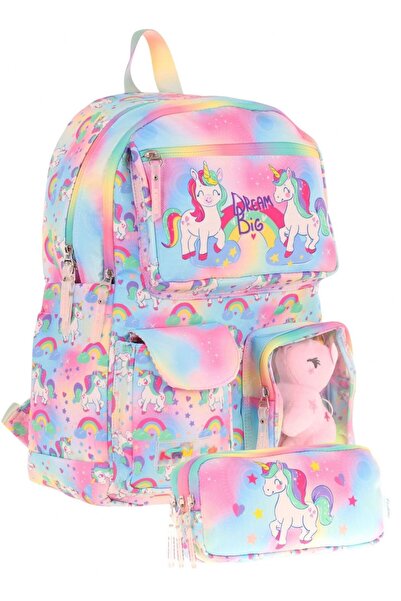 KAUKKO Kız Çocuk Beş Bölmeli Okul Çantası ve Üç Bölmeli Kalemlik Seti - Peluş Unicornlu - Pembe
