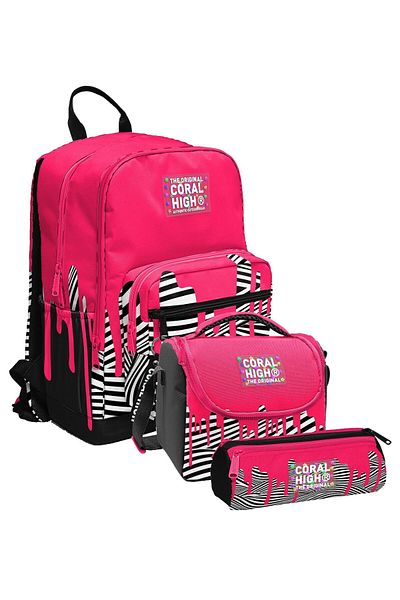 Coral High Primary and Secondary School School Bag Trio - Girl, Pink Black and White Paint Pattern