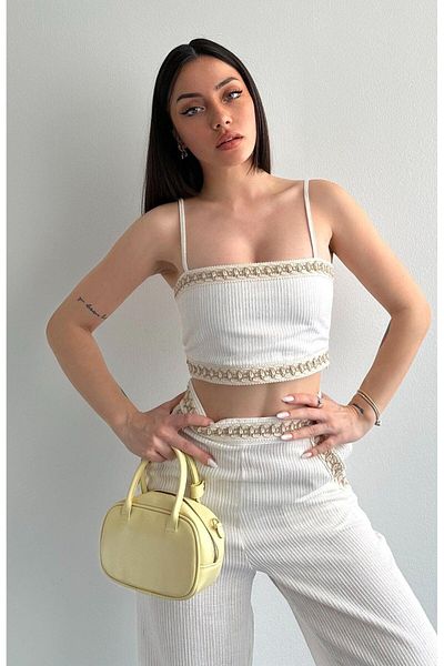FASHION COCKTAIL Line Textured Lace Stripe Pocket Elastic Waist Trousers Back Elastic Sports Bustier Linen Suit