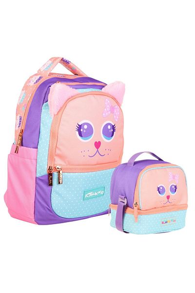 KAUKKO Kids Cute Cat Shaped Girl's School Bag and Lunch Bag Set - Pink Turquoise