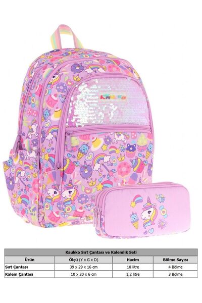KAUKKO Set ghiozdan pentru copii și suport pentru creion cu trei compartimente (liliac - paiete dulce) - (L5215+L8215)