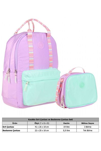 KAUKKO Set de ghiozdan și cutie de prânz cu design dublu de culoare liliac pentru fete
