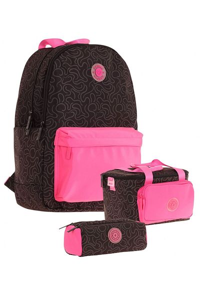 KAUKKO Set de genți de școală triplu pentru fete, negru fucsia, cu model de dungi
