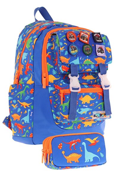 KAUKKO Coat of Arms Dinosaur Patterned School Bag + Pen Holder Set (L5278+L82...