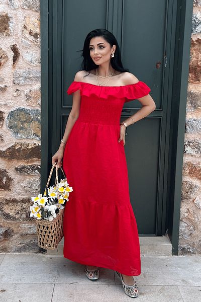 giyimmasalı Cotton Brode Fabric Boat Neck Dress - Red