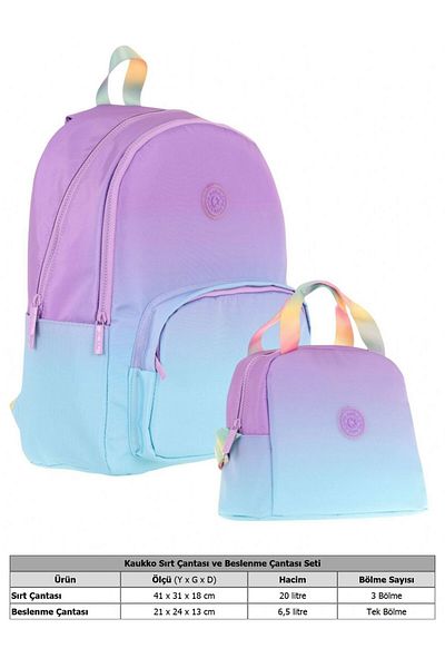 KAUKKO Set ghiozdan și cutie de prânz pentru școală primară cu trei compartimente Rainbow - Transiciune de culoare violet turcoaz
