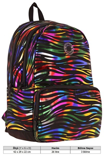 KAUKKO Shine Üç Bölmeli Siyah Çok Renkli Zebra Desenli Sırt Çantası - K1780