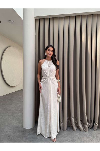 ESRAHELVACI Cream Waist Tie Slit Dress