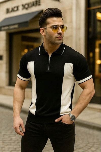 LC Waikiki Polo Neck Zippered Patterned Short Sleeve Men's Summer Knitwear Premium Quality T-Shirt