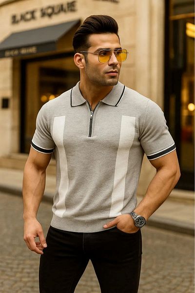 LC Waikiki Polo Neck Zippered Patterned Short Sleeve Men's Summer Knitwear Premium Quality T-Shirt