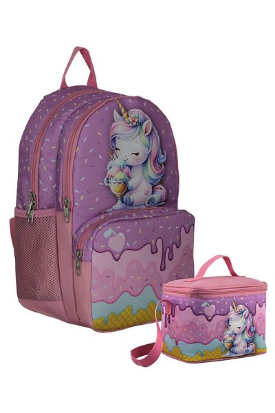 Cennec Girl's Purple Pink Double Bag and Nutrition Set with Unicorn Eating Ice Cream Pattern - Setumt5003B