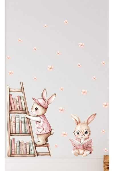 Sim Tasarım Cute Rabbits Reading Books in the Library Decorative Wall Sticker Set