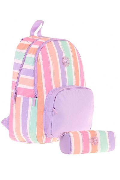 KAUKKO Set ghiozdan și husă pentru creion pentru fete, mov, multicolor, cu dungi (KK - K1801+KK - K2712)