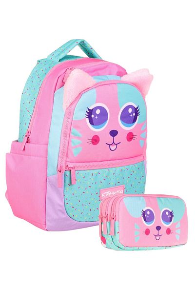 KAUKKO School Bag and Three Compartment Pen Holder Set - Pink Green - Cute Cat Shaped