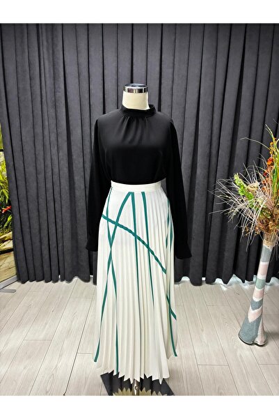 Zühre Çizgili Ekru/Turkuaz Piliseli Etek ETK-0130