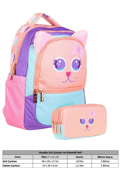 KAUKKO School Bag and Three Compartment Pen Holder Set - Pink Turquoise - Cute Cat Shaped