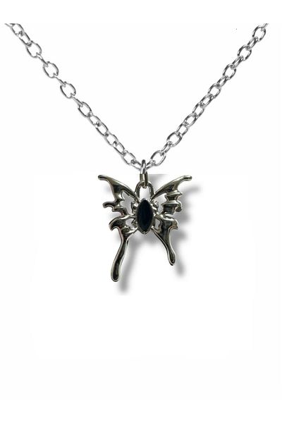 Herşey Nota Black Enamel Gothic Butterfly Unisex Necklace – Elegance on the Wings of Darkness