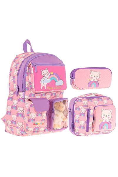 KAUKKO Kids Kız Çocuk İlkokul Okul Çantası Seti - Peluş Kedili - Pembe Mor (L...