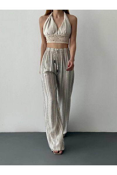 Coral Stitch Striped Trousers Natural