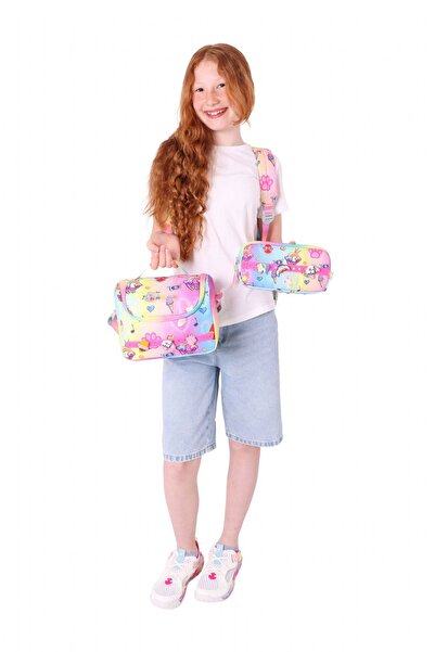 KAUKKO Kids Üçlü İlkokul 1.2.3.4. Sınıf Okul Çanta Seti - Mavi Sarı - Kız Çocuk - Silikon Aksesuarlı