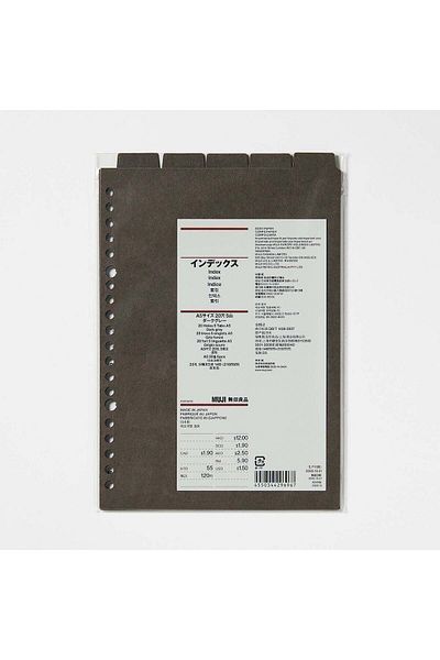 Muji فاصل ورق الفهرس، 20 فتحة، 5 علامات تبويب، A5، رمادي غامق