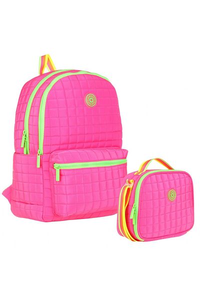 KAUKKO Girl's Quilted Detailed Pink Green School Bag and Pen Holder Set (K1771+K9046)