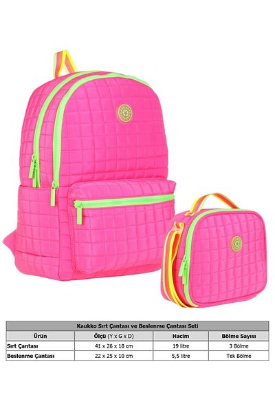 KAUKKO Girl's Quilted Detailed Pink Green School Bag and Pen Holder Set (K1771+K9046)