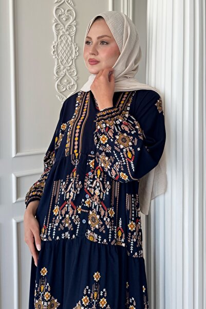 InStyle Motif Embroidered Navy Blue Viscose Dress