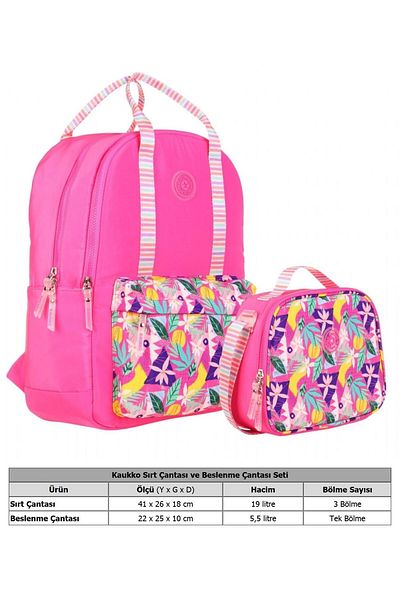 KAUKKO Pink Colored Leaf Patterned School Bag and Lunchbox Set for Girls