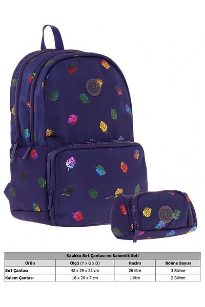 KAUKKO Set rucsac și suport pentru stilou pentru școala primară și gimnazială, cu model de frunze pentru fete, albastru bleumarin