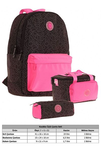 KAUKKO Set de genți de școală triplu pentru fete, negru fucsia, cu model de dungi