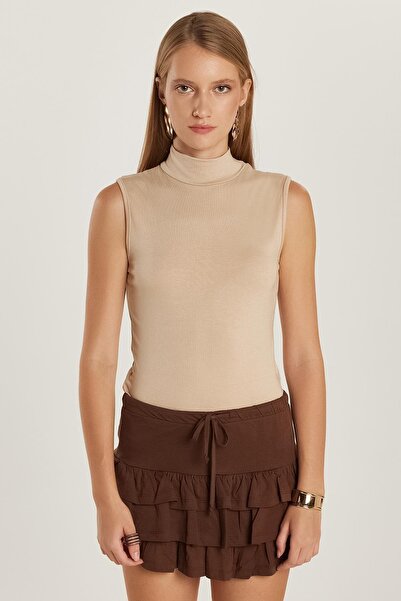 Tudors Women's Regular Fit Classic Cut Viscose Fabric Turtleneck Zero Sleeve Beige Blouse