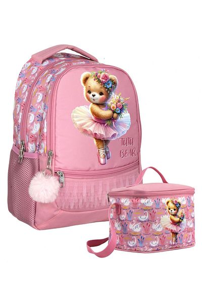 Cennec Ballerina Teddy Bear Patterned Girl's Pink Double Bag and Nutrition Set - Setumt5000B