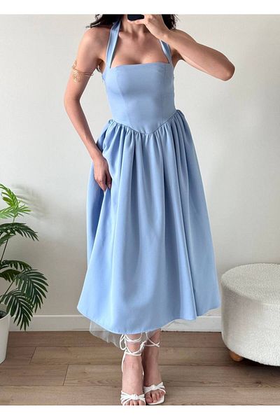 LOCH BUTİK Rochie midi cu căptușeală albastră pentru femei, cu gât lung din tul