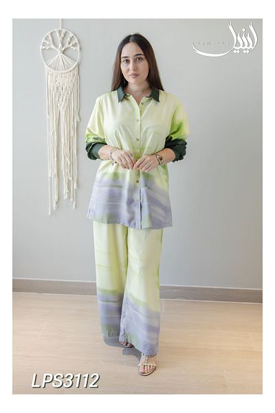LINELLE Printed Co-Ord Set - Green & Grey Ombre Shirt and Pant in Cotton-Poly Blend.