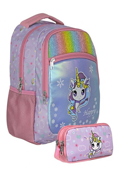 Cennec Umt5015+Umt5017 Backpack and Pen Holder Set (Turquoise Pink - Rainbow Unicorn - Girl)