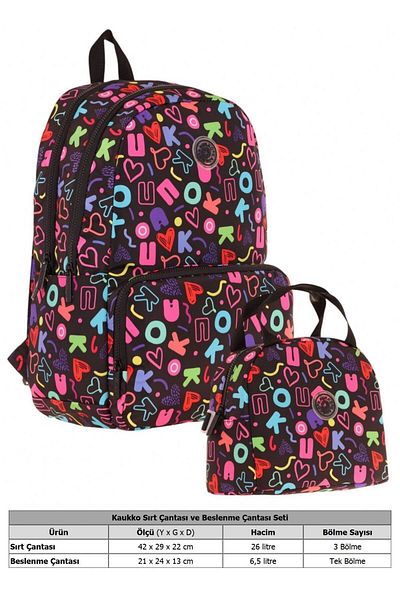 KAUKKO Set rucsac și cutie de prânz pentru școală pentru fete - negru - imprimat inimă și Kaukko