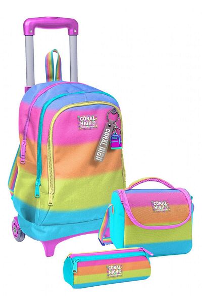 Coral High Racing Wheel Girl, Pink Orange Color Transition, Primary School Triple School Bag Set