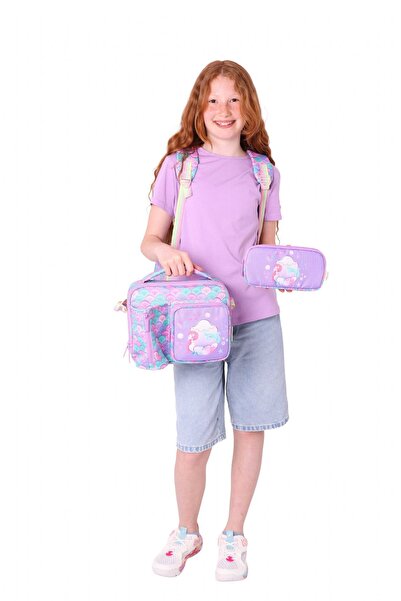 KAUKKO Kids Kız Çocuklara Özel (Pembe Yeşil - Denizkızı Nakışlı ve Baskılı) Üçlü Okul Çantası Seti