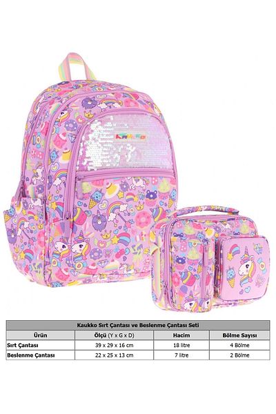 KAUKKO Set ghiozdan pentru copii cu model dulce cu paiete, liliac pentru fete + cutie de prânz (L5215+L7215)
