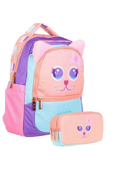 KAUKKO School Bag and Three Compartment Pen Holder Set - Pink Turquoise - Cute Cat Shaped
