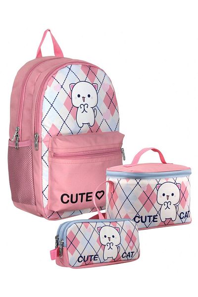 Cennec Setumt5024A Triple Primary School Bag Set (White Pink - Love Cute Cat - Girl)