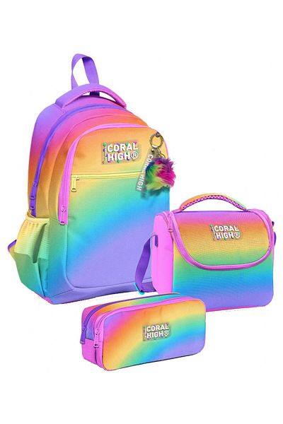Coral High Set de genți de școală triplă pentru școală primară, cu trei ochi, multicolor, gradient de culoare, pentru fete