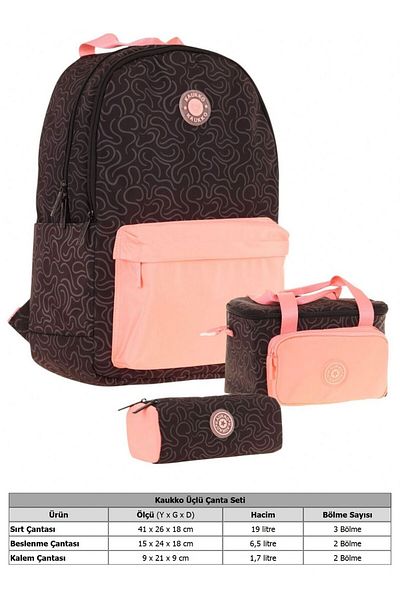 KAUKKO Set de trei genți de școală pentru fete, somon negru, cu model de dungi