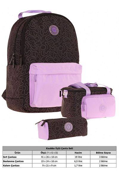 KAUKKO Set de genți de școală triplu pentru fete, mov, negru, cu model de dungi