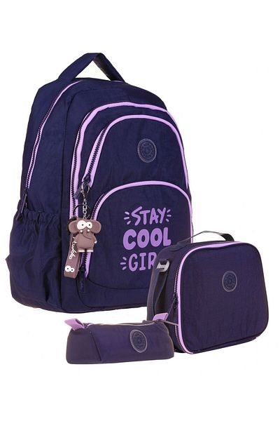 KAUKKO Set de genți de școală triplu pentru fete, albastru bleumarin, violet - țesătură șifonată - K1680+K9004+K2645