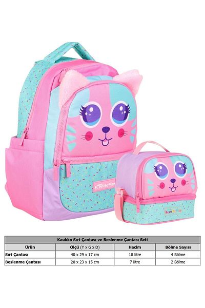 KAUKKO Kids Cute Cat Shaped Girls School Bag and Lunch Bag Set - Pink Green