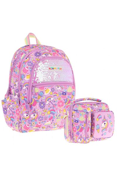 KAUKKO Set ghiozdan pentru copii cu model dulce cu paiete, liliac pentru fete + cutie de prânz (L5215+L7215)