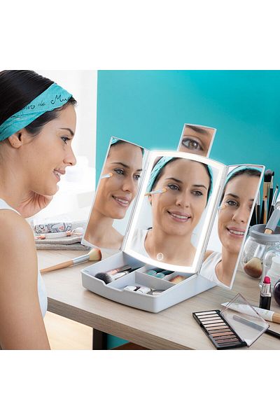 InnovaGoods Panomir 3-in-1 Foldable LED Mirror with Makeup Organizer