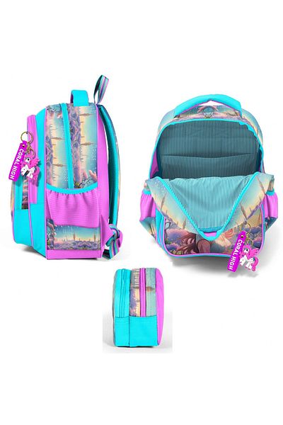 Coral High Primary School Backpack and Two Compartment Pen Holder - Girl - Turquoise Pink Anime Girl